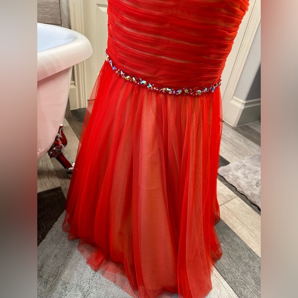 Like New La Femme Orange Sexy Red Strapless Rhinestone Gauze Chic Dress 2 - Picture 7 of 16
